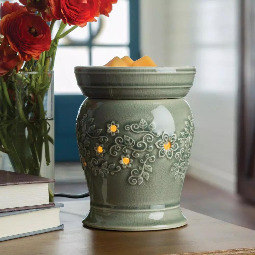 Candle Warmers Etc Perennial Illumination Fragrance Warmer - Jade Green Crackle Glaze with Floral Design