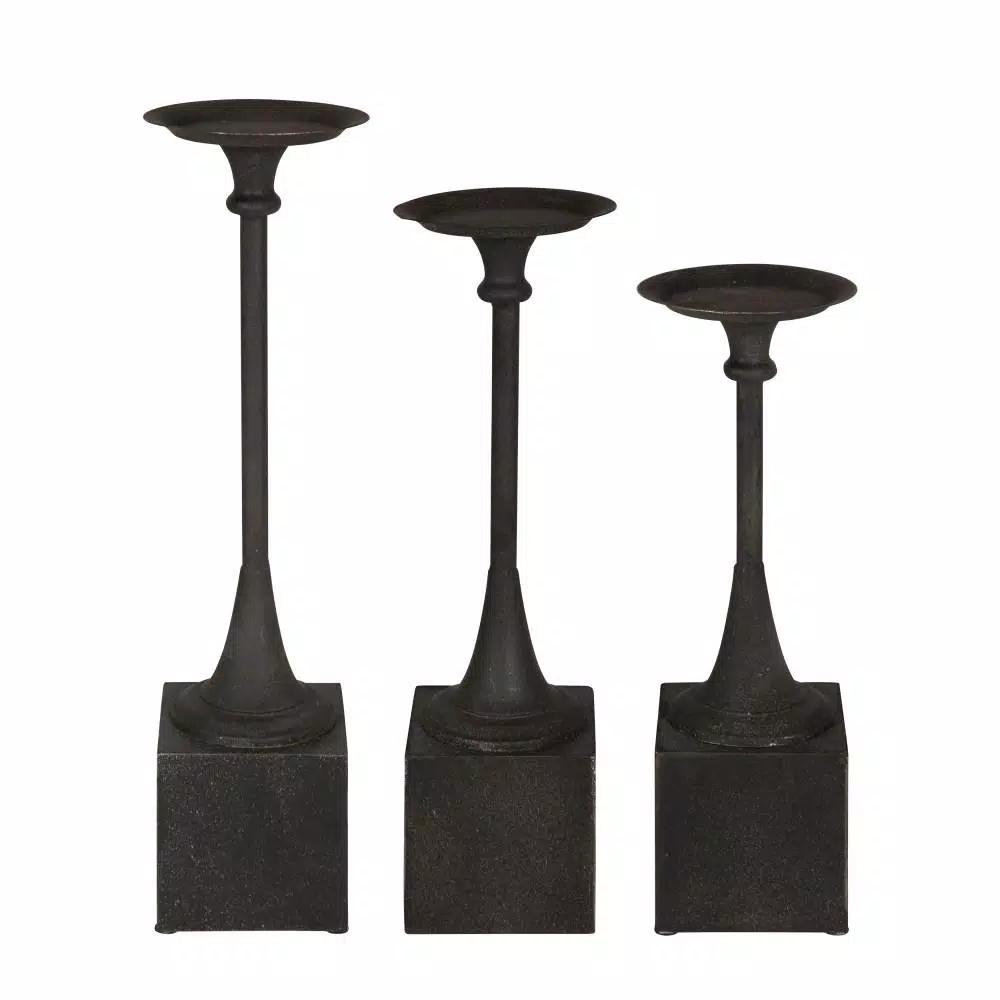 Kate and Laurel Bedrick Black Wood and Metal Candle Holder Set of 3, Modern Farmhouse Pedestal Style