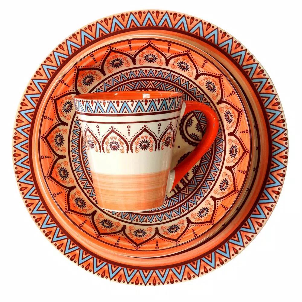 Elama Zen Rust Mozaik 16-Piece Stoneware Dinnerware Set, Service for 4, Orange Bohemian Style