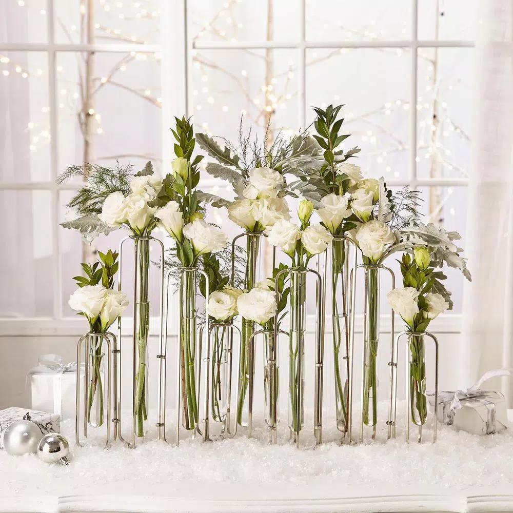Two's Company Lavoisier Gold Stainless Steel and Glass Hinged Flower Vases, Set of 10