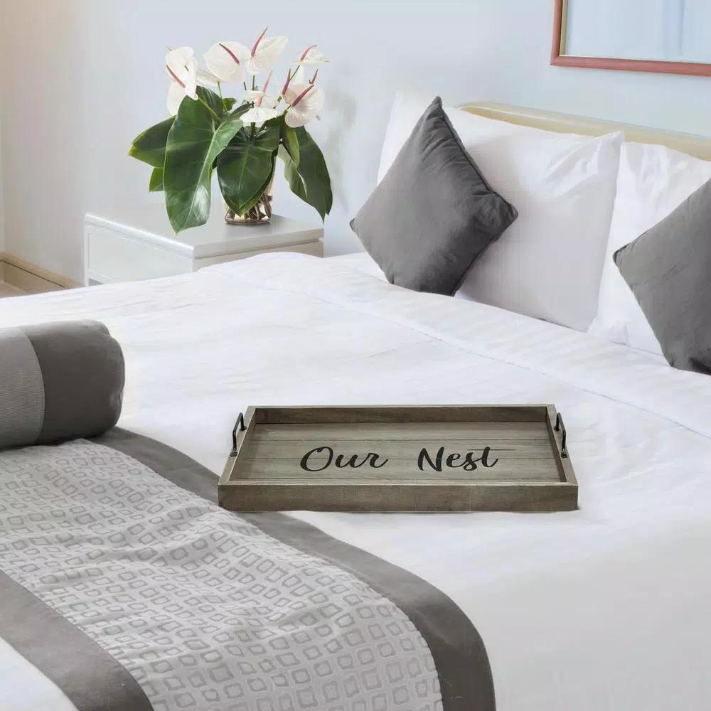 Elegant Designs Our Nest Rustic Gray Wooden Decorative Serving Tray with Black Metal Handles