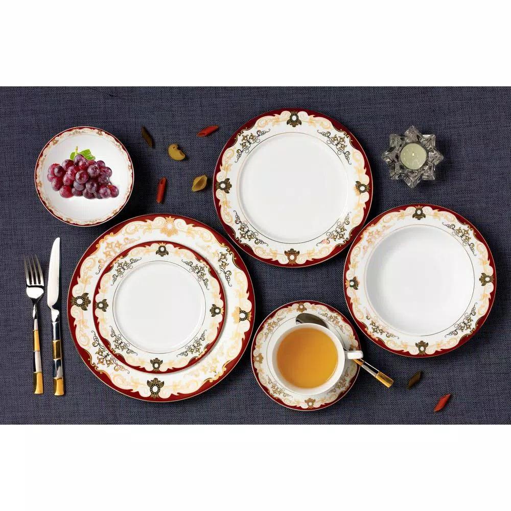 Lorren Home Trends La Luna Mabel 57-Piece Red Bone China Dinnerware Set, Service for 8