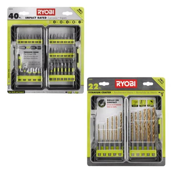 RYOBI 62-Piece Accessory Kit: 40-Piece Impact Rated Driving Set & 22-Piece Titanium Coated Drill Bit Set