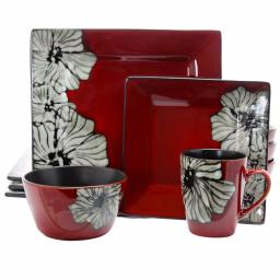 Elama Winter Bloom 16-Piece Red Stoneware Dinnerware Set, Asian Inspired Square Design, Service for 4 thumbnail 1