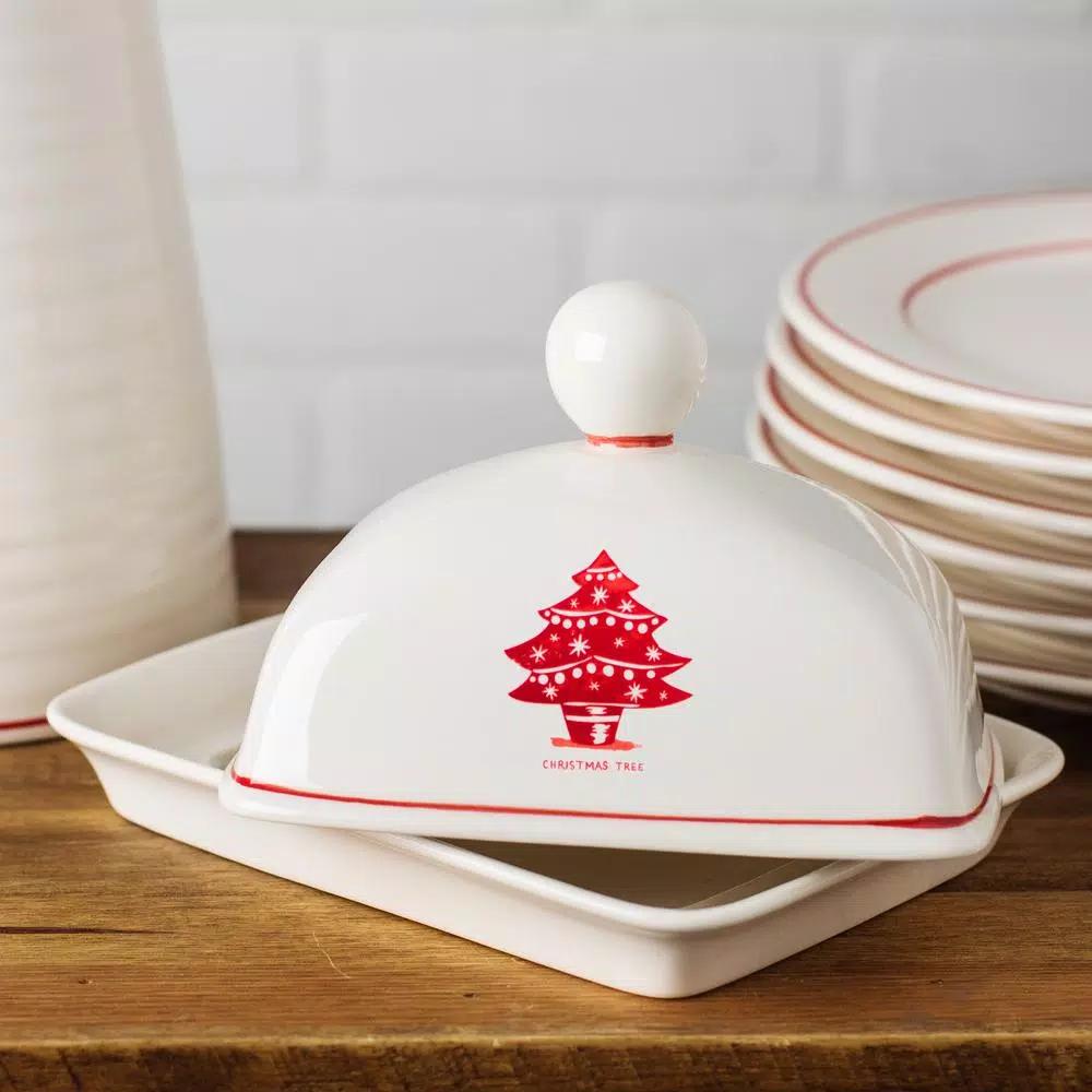 Molly Hatch Christmas Tree Stoneware Butter Dish, 6.75 in.