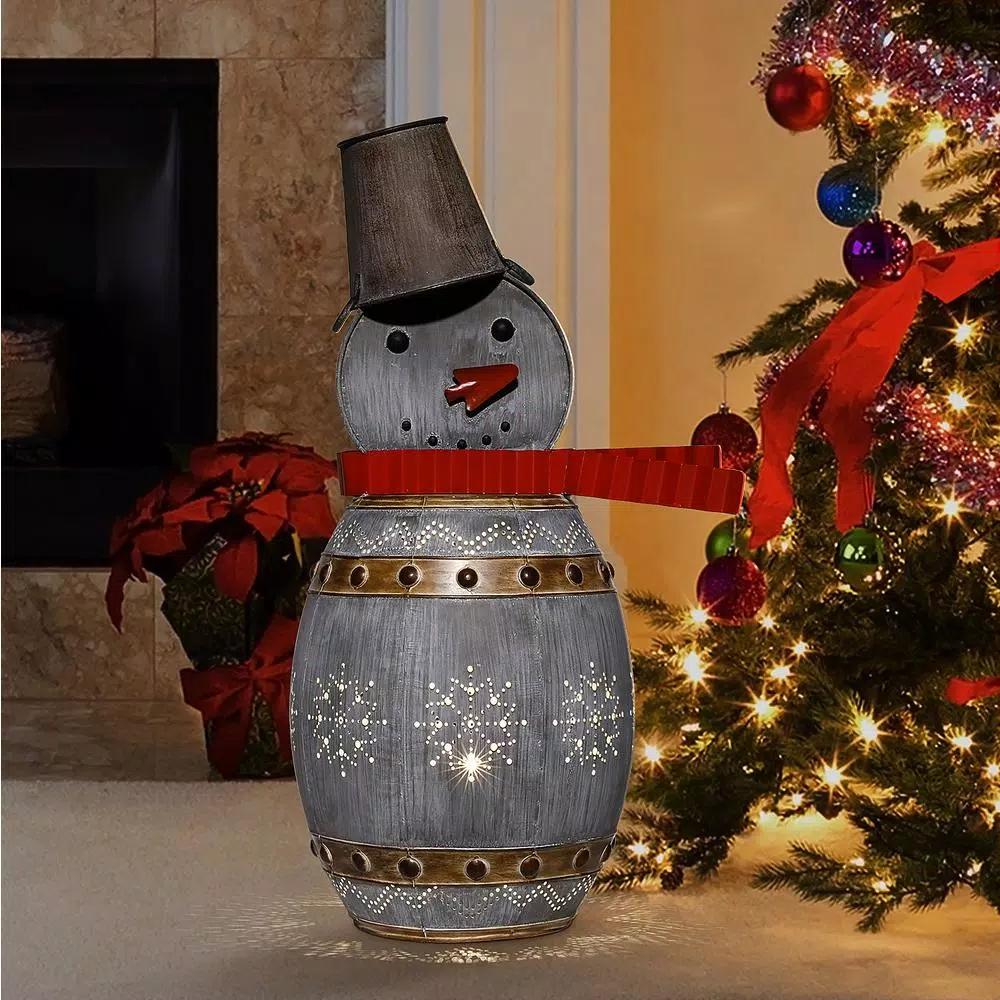 Alpine Corporation 30 in. Weathered Metal Barrel Snowman Sculpture with Warm White LED Lights