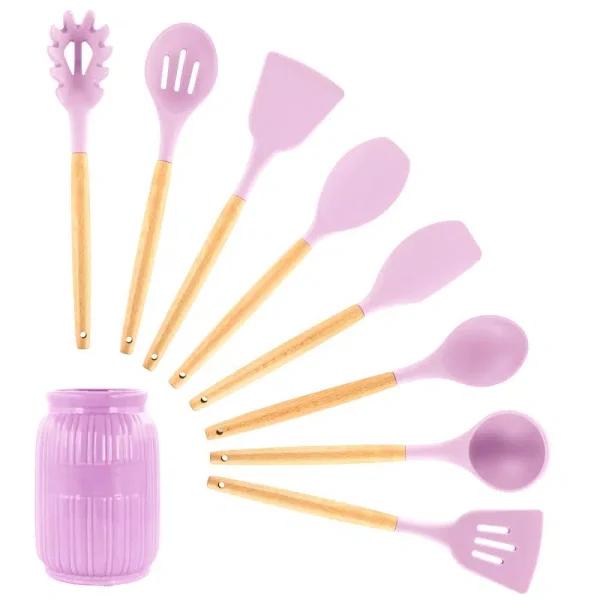 MegaChef 9-Piece Pink Silicone and Wood Kitchen Utensil Set with Ceramic Holder