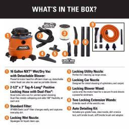 RIDGID 16 Gal. 6.5 Peak HP NXT Wet/Dry Shop Vacuum with Detachable Blower and Car Cleaning Kit thumbnail 2