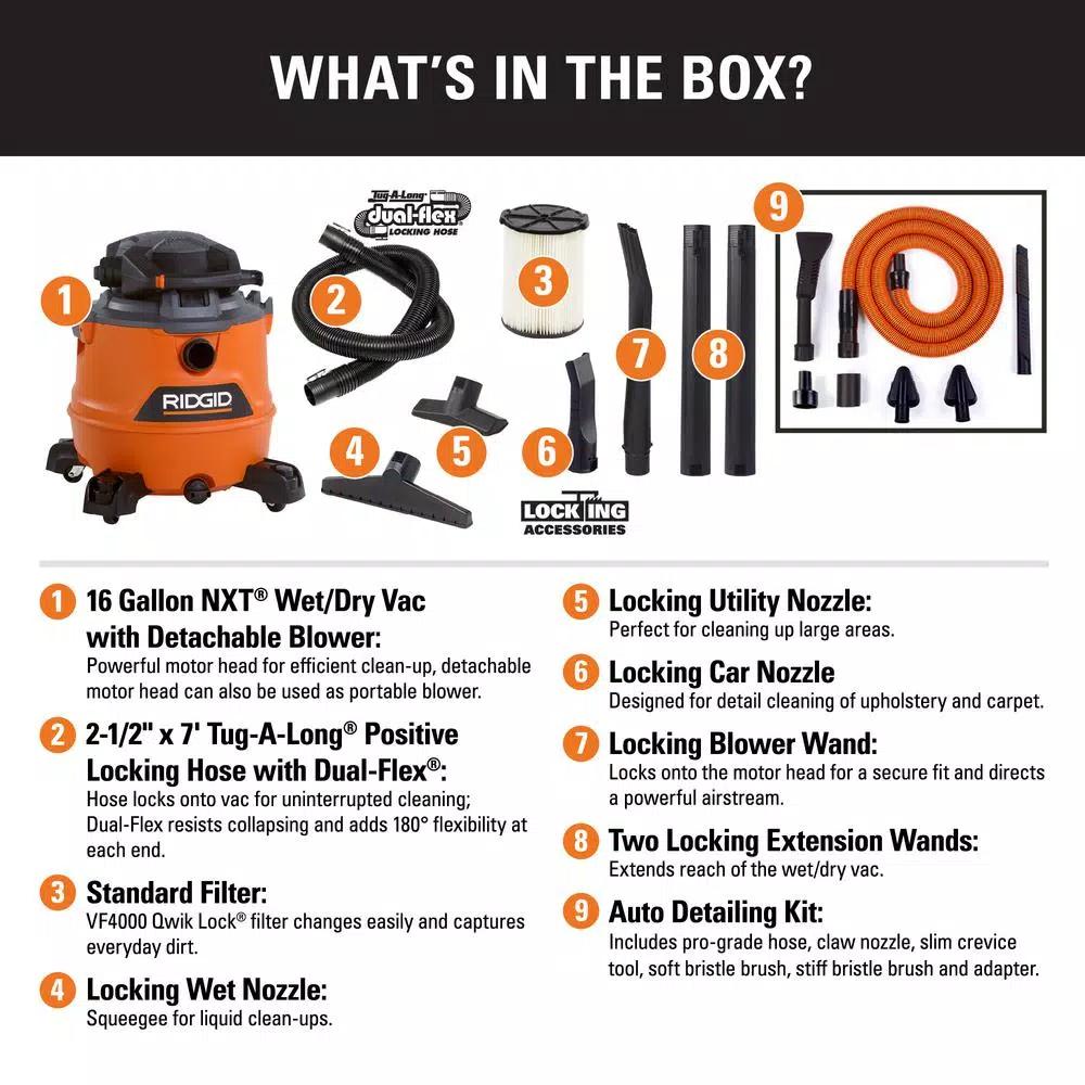RIDGID 16 Gal. 6.5 Peak HP NXT Wet/Dry Shop Vacuum with Detachable Blower and Car Cleaning Kit