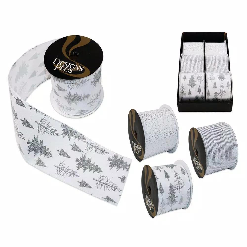 Unbranded Christmas Cardinals White Wire Ribbon with Silver Sparkle Design (24-Pack)