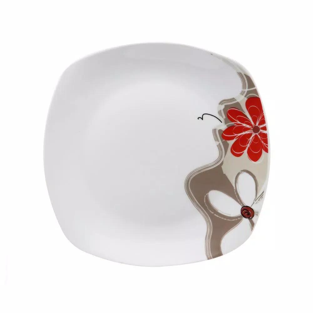 Lorren Home Trends 16-Piece Square Porcelain Dinnerware Set, Red and Tan Floral Design, Service for 4
