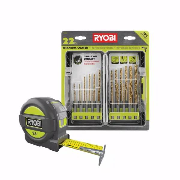 RYOBI 22-Piece Titanium Coated Drill Bit Set with Bonus 25 ft. Tape Measure