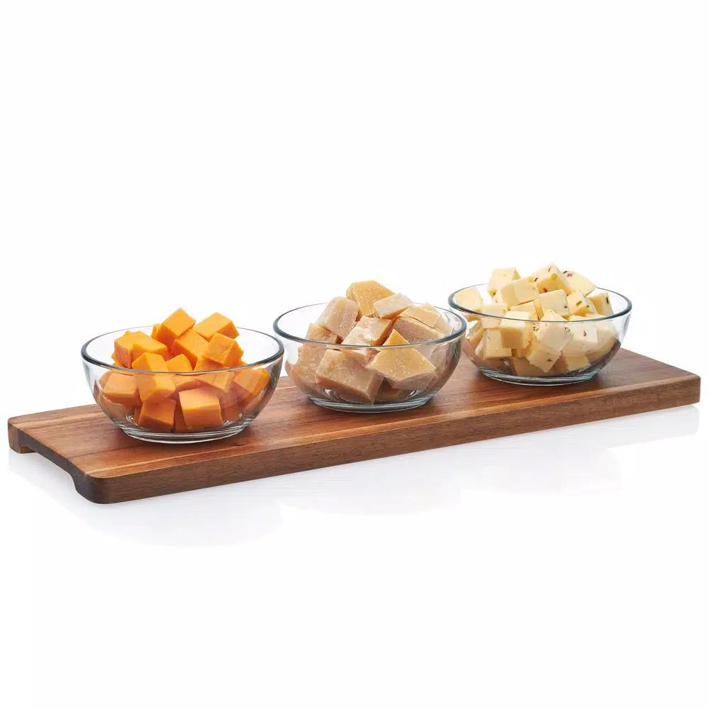 Libbey Acaciawood 4-Piece Condiment Server Set with Glass Bowls and Wood Serving Board