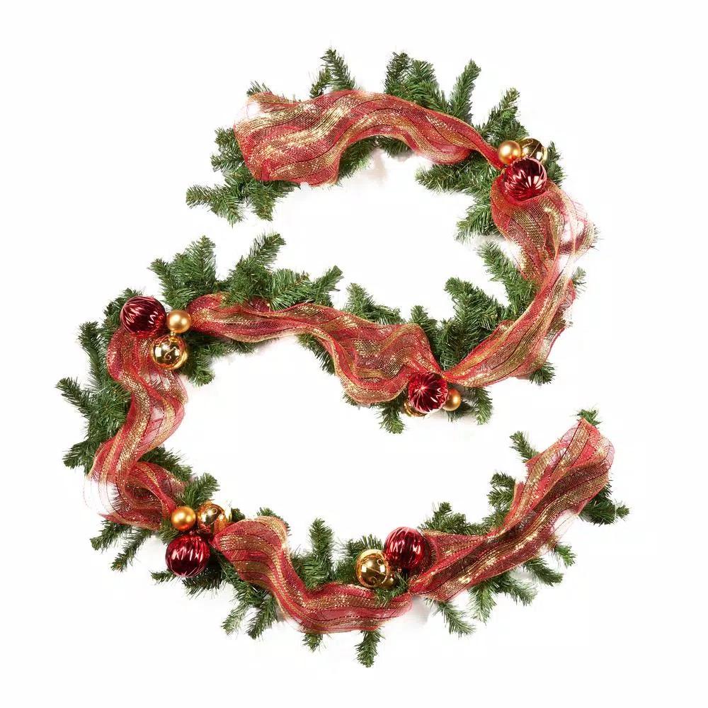 Noble House 9 ft. Pre-Lit Noble Fir Artificial Christmas Garland with Warm White LED Lights, Red and Gold Ornaments