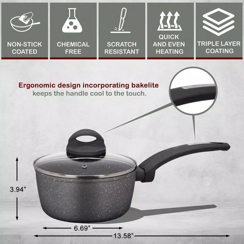 AMERCOOK Lava Stone 1.5 qt. Aluminum Nonstick Saucepan with Glass Lid, Gray
