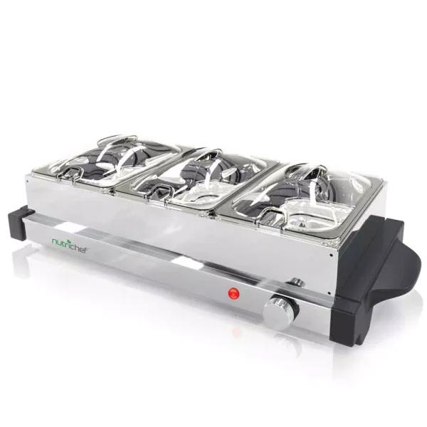 NutriChef 21.9 in. Stainless Steel 3-Plate Electric Buffet Server Food Warming Tray