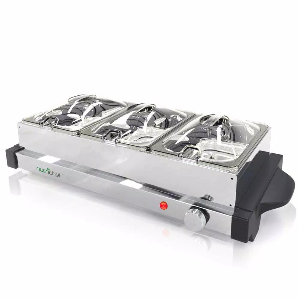 NutriChef 21.9 in. Stainless Steel 3-Plate Electric Buffet Server Food Warming Tray