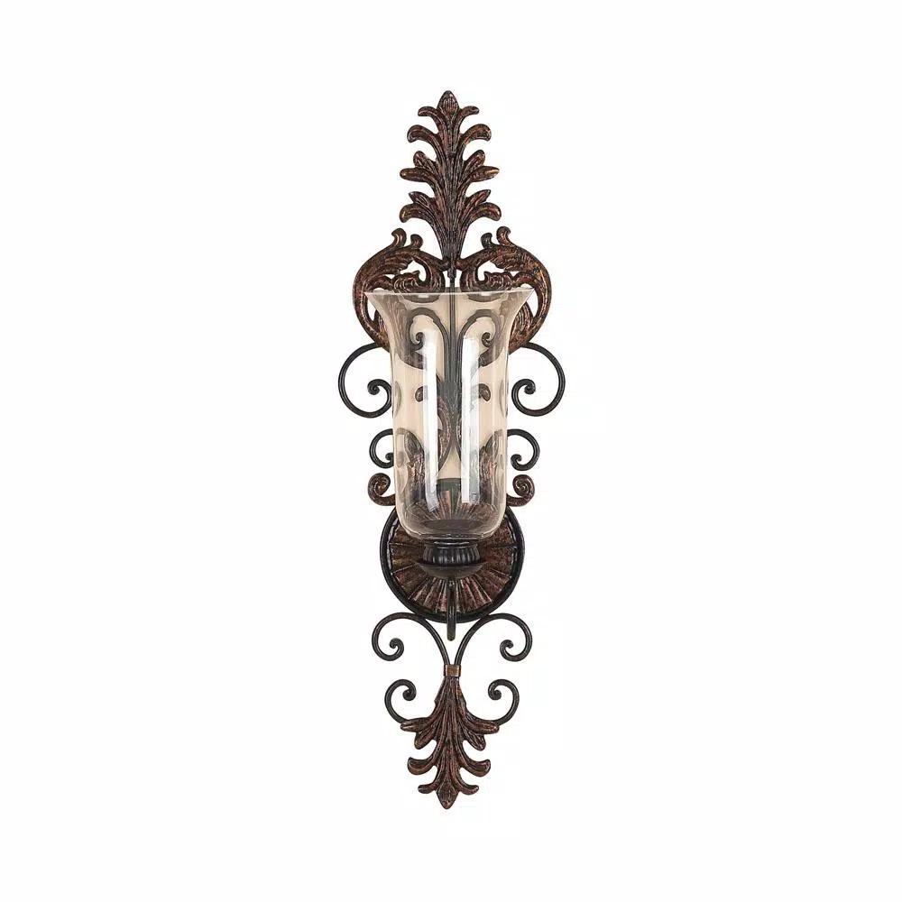 LITTON LANE Antique Gold Flourished Iron Candle Sconce with Clear Glass Hurricane Shade