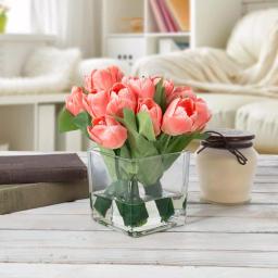 Pure Garden Soft Coral Tulip Floral Arrangement with Glass Vase and Faux Water thumbnail 6