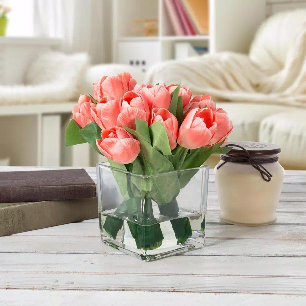 Pure Garden Soft Coral Tulip Floral Arrangement with Glass Vase and Faux Water