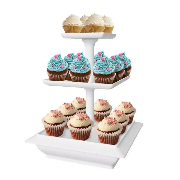 Chef Buddy 3-Tier Collapsible Dessert Stand, Square White Serving Tray Set with Self-Storing Base