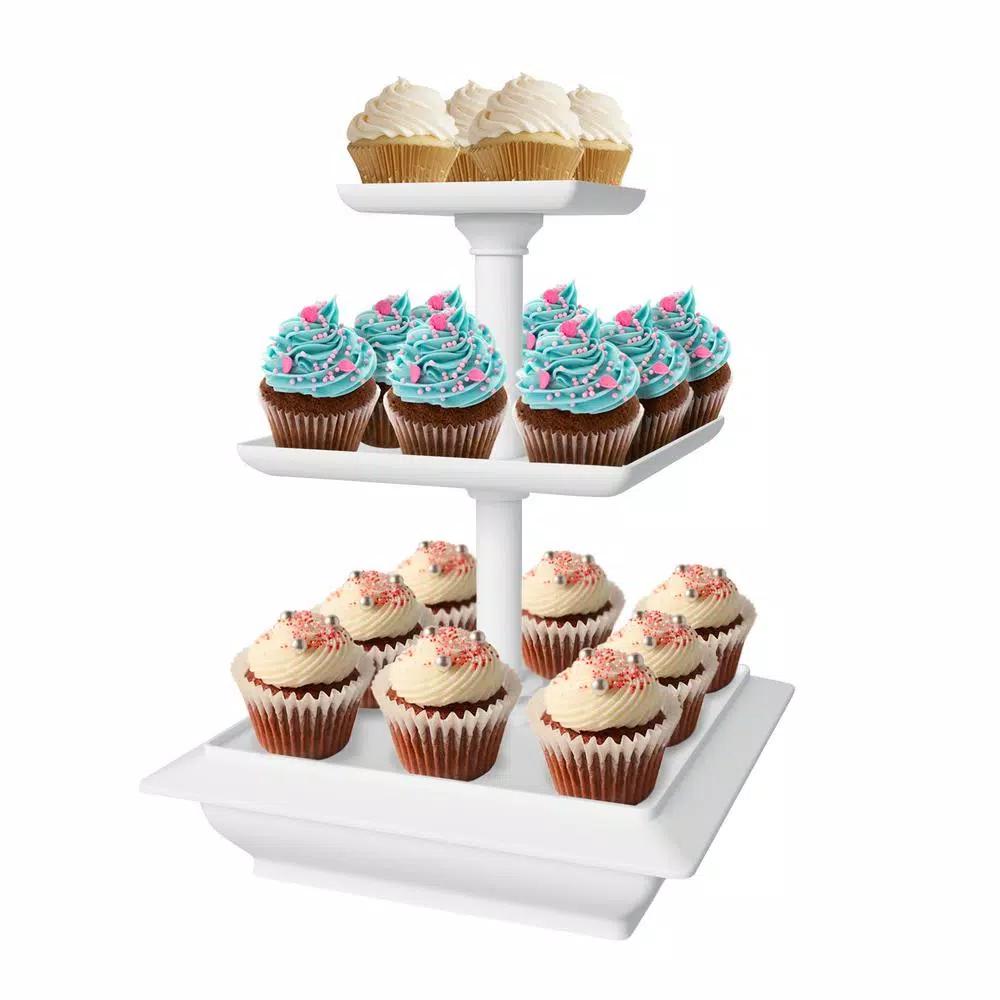Chef Buddy 3-Tier Collapsible Dessert Stand, Square White Serving Tray Set with Self-Storing Base