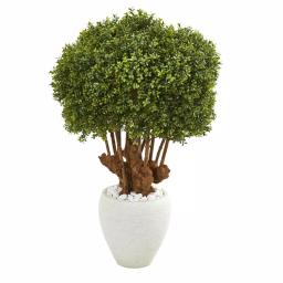 Nearly Natural 41 in. Artificial Boxwood Topiary Tree in White Planter with White Rocks thumbnail 1