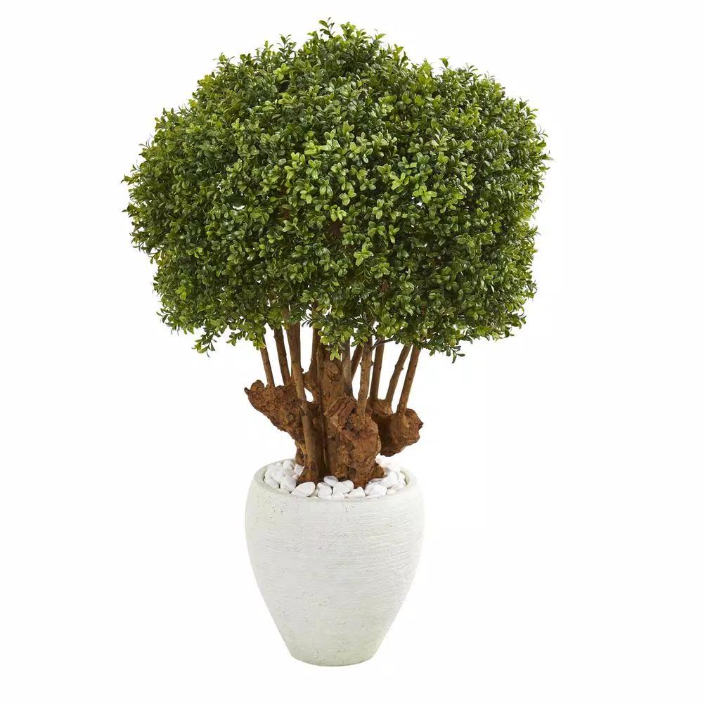 Nearly Natural 41 in. Artificial Boxwood Topiary Tree in White Planter with White Rocks
