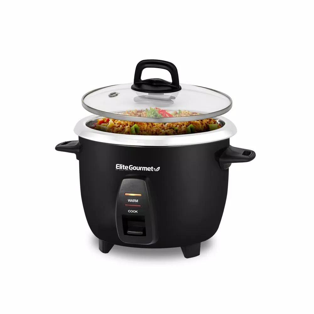 Elite Gourmet 10-Cup Deluxe Rice Cooker with Steam Tray and Stainless Steel Inner Pot, Black