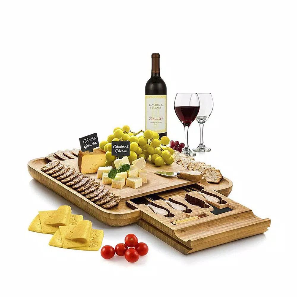 Bambusi Bambsi Bamboo Cheese Board and Cutlery Set with Slide Out Drawer and 4 Utensils