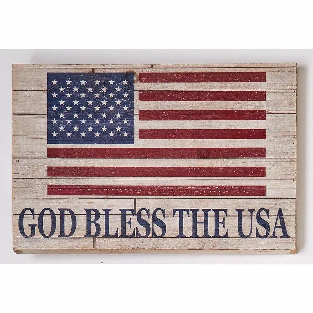 Worth Imports 18 in. God Bless The USA Distressed Wood Sign - Patriotic Rustic Wall Decor