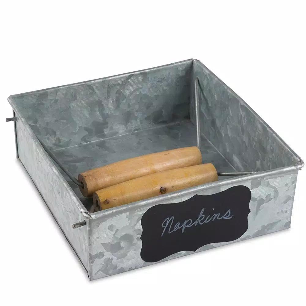 Benzara Galvanized Steel Napkin Holder with Wooden Handles, Rustic Gray Tabletop Decor