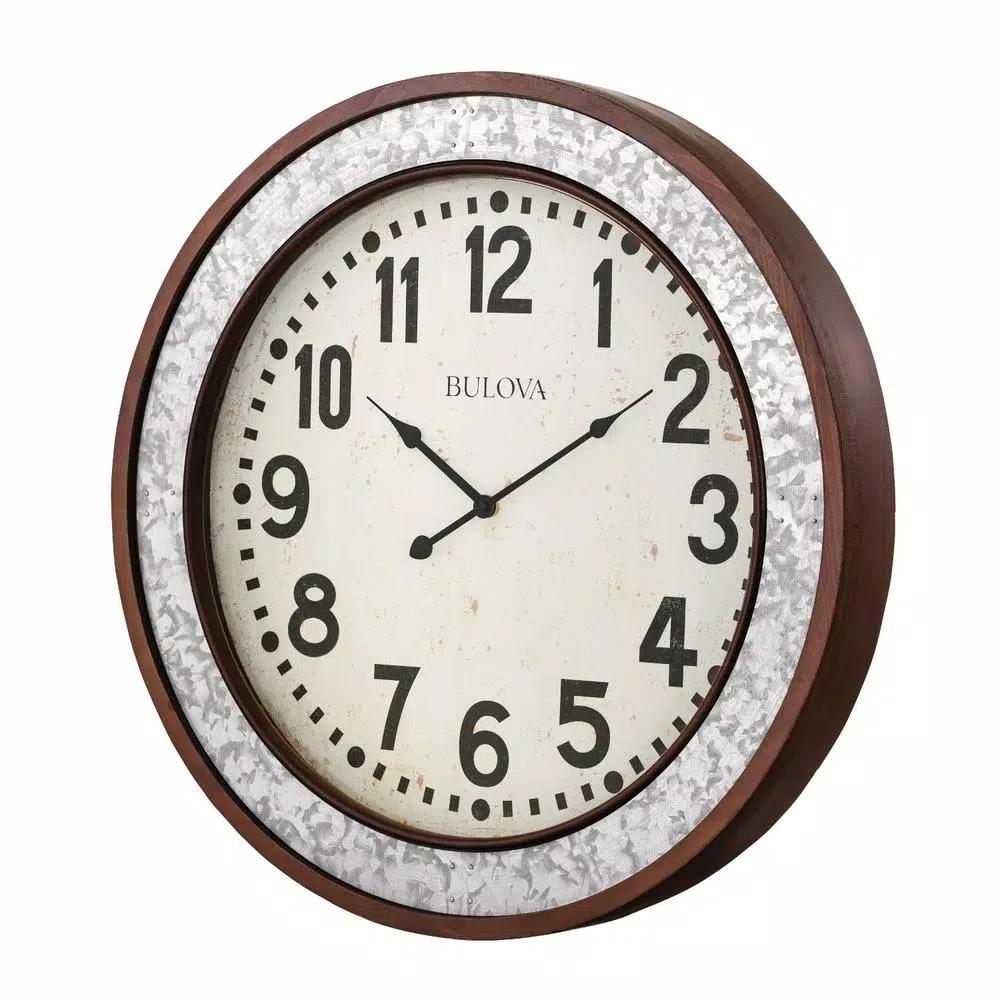 Bulova Grange 24 in. Cherry Wood and Galvanized Metal Round Wall Clock