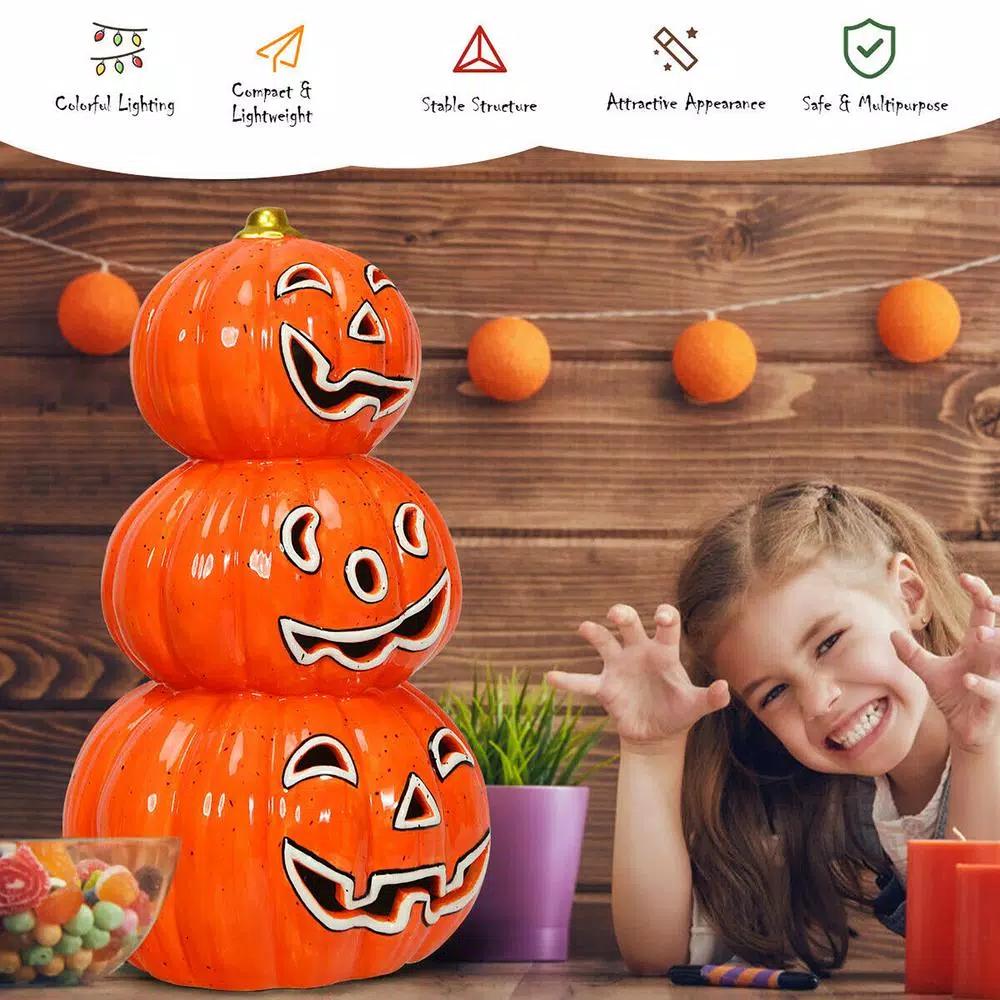 Costway 11 in. Orange Ceramic LED Halloween Pumpkin Lantern, Battery Powered Tabletop Decor