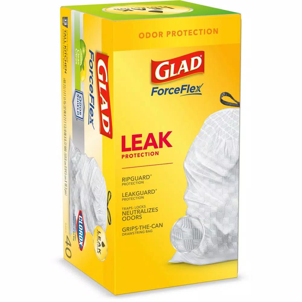 Glad ForceFlex 13 Gallon Tall Kitchen Trash Bags with Clorox Antimicrobial Protection, Clean Citrus, 40-Count