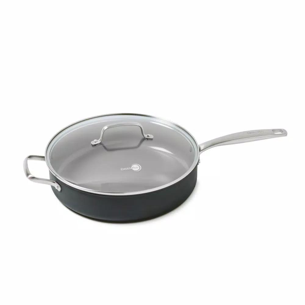 GreenPan Chatham 5 Qt. Hard-Anodized Aluminum Ceramic Nonstick Saute Pan with Glass Lid, Gray