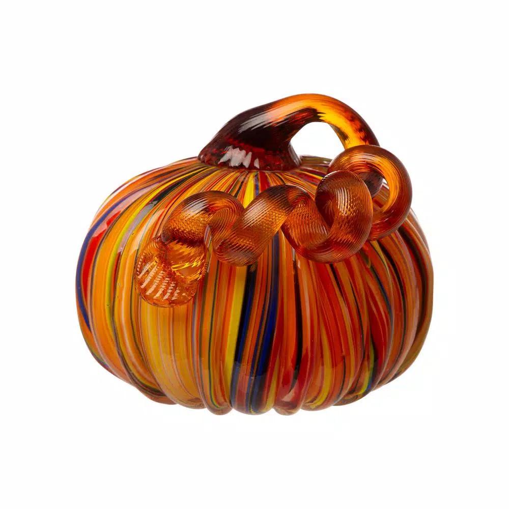Glitzhome Multi-Striped Glass Short Pumpkin Set - 100% Handmade Glass Tabletop Decoration