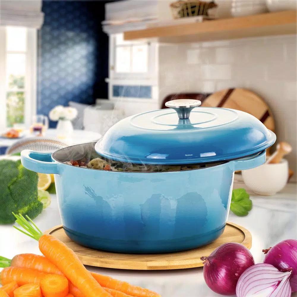 MegaChef 5 Qt. Round Enameled Cast Iron Casserole Dish with Lid, Blue