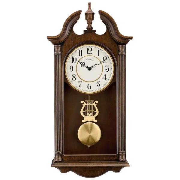 Bulova Pendulum Chime Wall Clock with Hardwood Cherry Finish and Lyre Pendulum