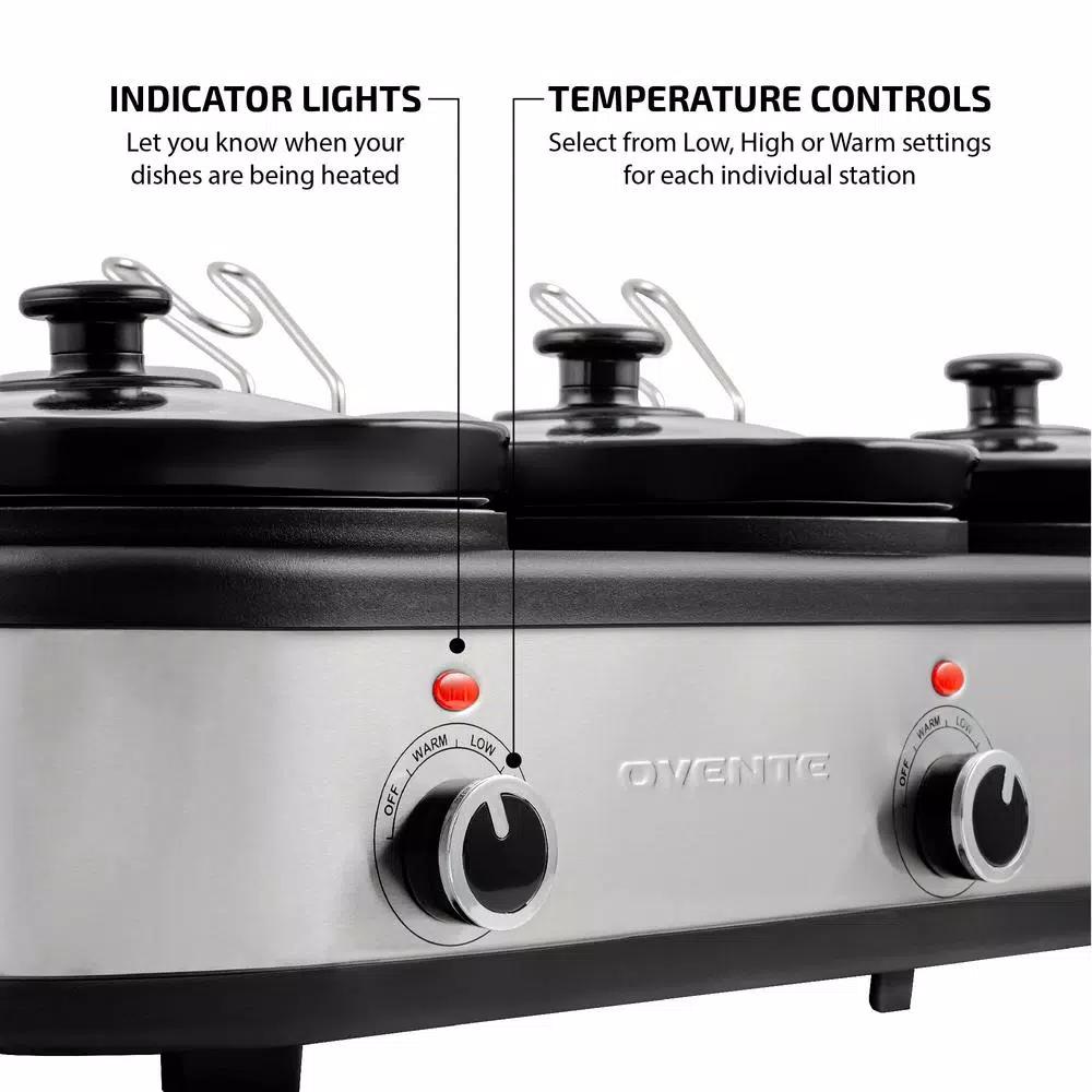 OVENTE 3-Station Slow Cooker and Buffet Server, 4.5 Qt. Silver Stainless Steel