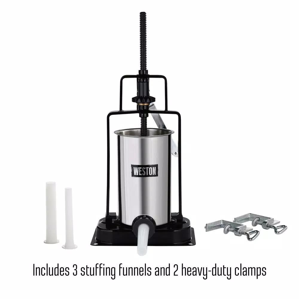 Weston 5 lb. Capacity Vertical Sausage Stuffer with Stainless Steel Canister and 3 Funnels