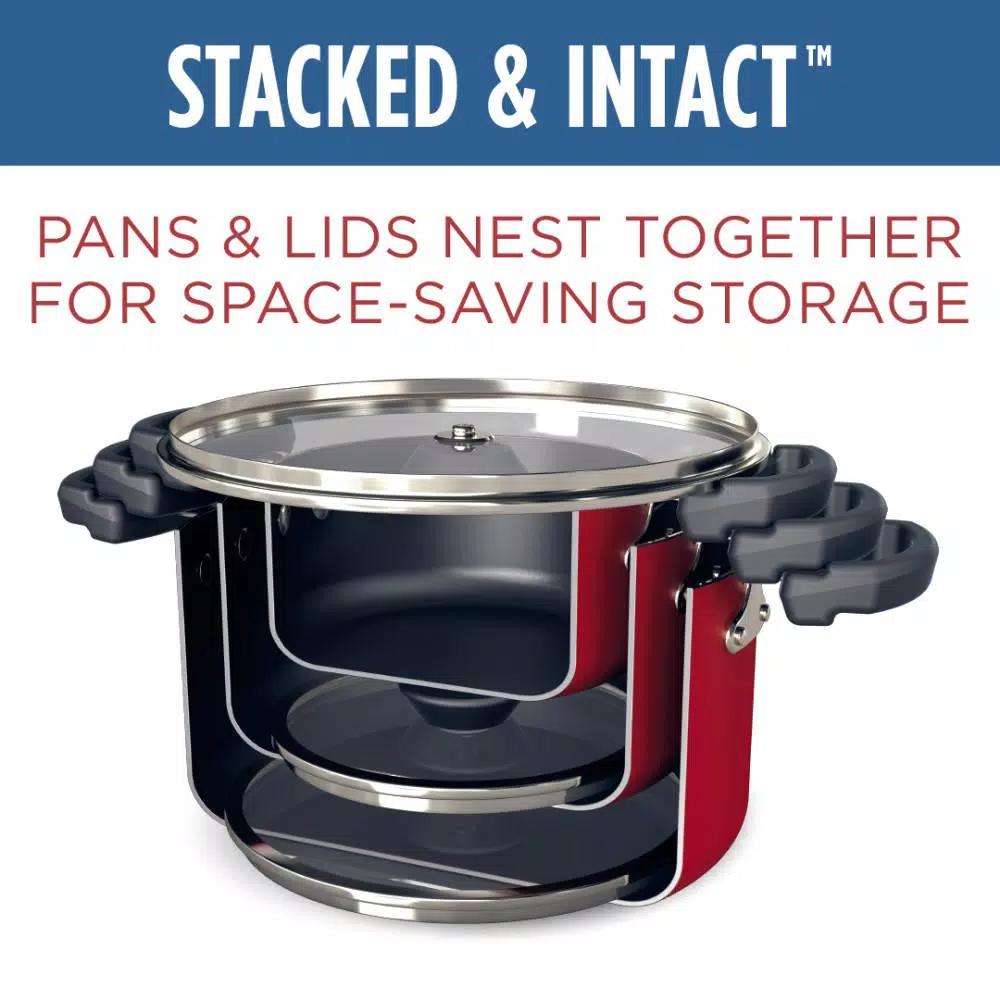 Farberware Neat Nest 6-Quart Aluminum Nonstick Saucepot with Glass Lid, Red