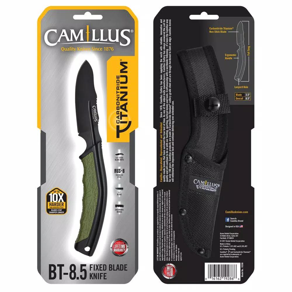 Camillus BT-8.5 Carbonitride Titanium AUS-8 Steel Fixed Blade Hunting Knife with Sheath