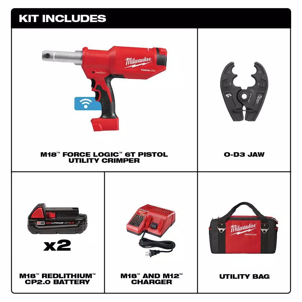 Milwaukee M18 FORCE LOGIC 6-Ton Pistol Utility Crimping Kit with O-D3 Jaws and 2 Batteries