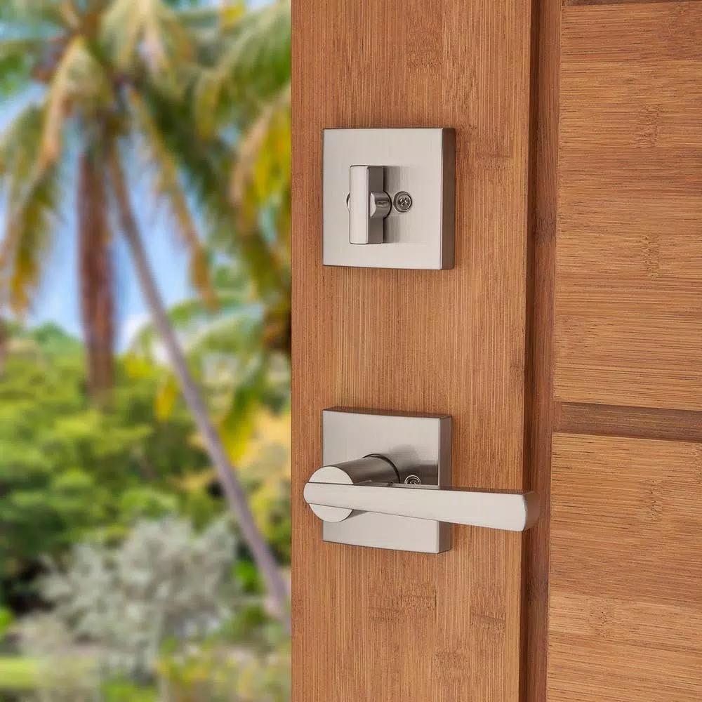 Baldwin Prestige Spyglass Single Cylinder Satin Nickel Handleset with Square Lever and SmartKey Security