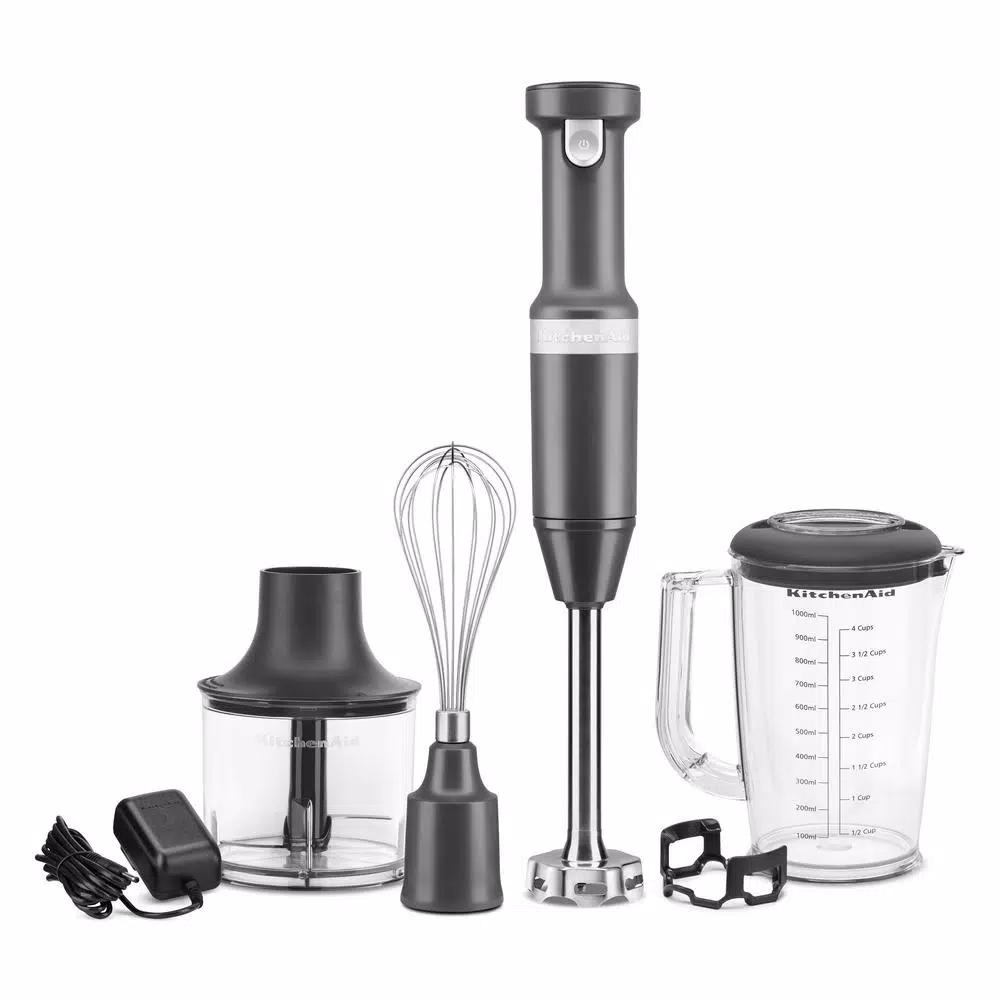 KitchenAid Cordless Variable Speed Hand Blender with Chopper and Whisk Attachments, Charcoal Grey