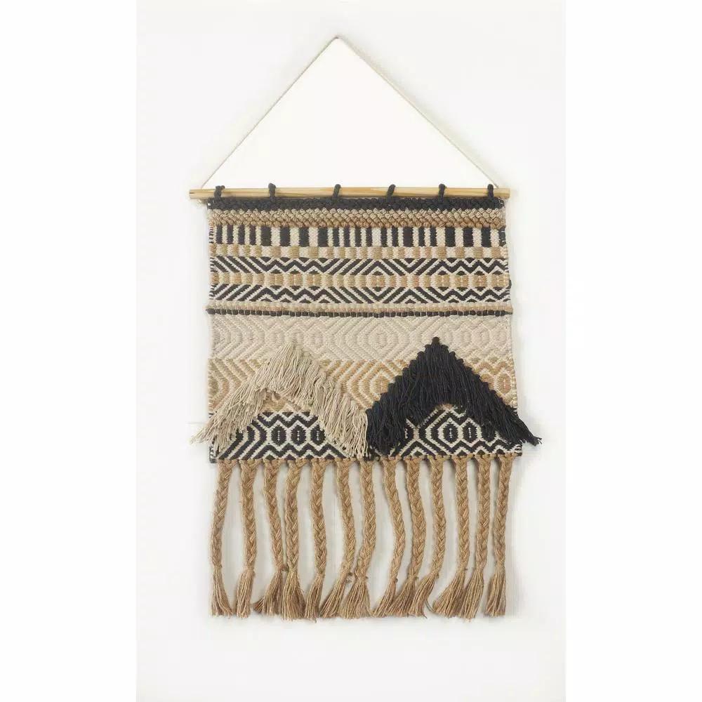 LR Home Trellis Beige and Charcoal Geometric Braided Fringed Wall Tapestry