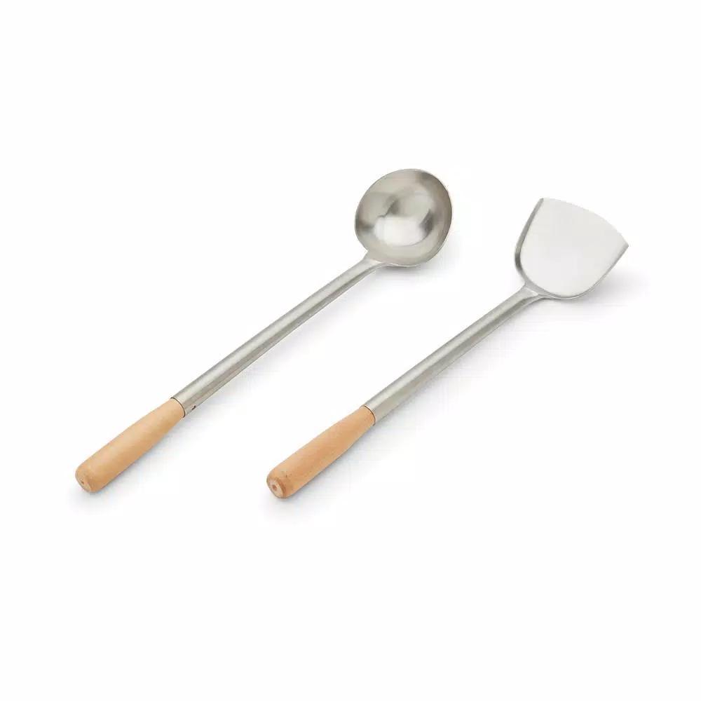 Fox Run Lotus Series 17 in. Chuan Spatula and Hoak Soup Ladle Set, Stainless Steel with Wood Handles
