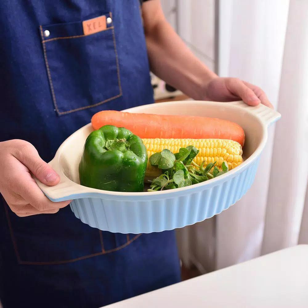 MALACASA 2-Piece Blue Oval Porcelain Bakeware Set, 12.75 in. and 14.5 in. Ceramic Baking Dishes