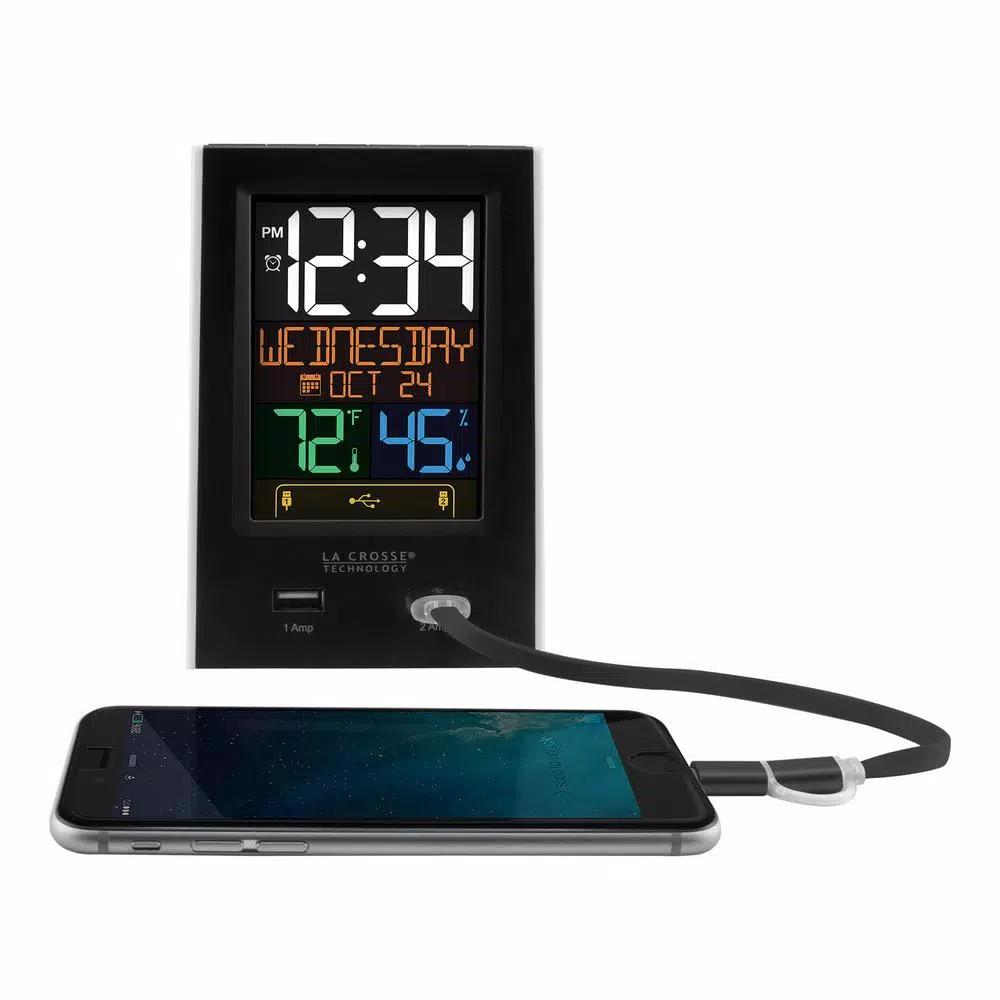 La Crosse Technology Digital Desktop Alarm Clock with Dual USB Charging Ports, Nap Timer, and Temperature/Humidity Display